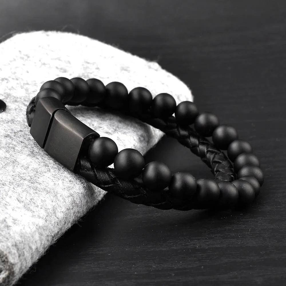 
Fashion Jewelry Black Leather Round Stone Bead Design Cool Bracelets For Boys 