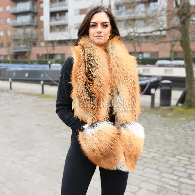 
CX-B-20 Wholesale European Women Big Size Luxury Real Red Fox Real Fur Shawl 