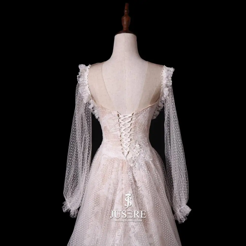 Lace up back bride dress Ivory wedding dress with sweep train A-Line long sleeves lace bride gown