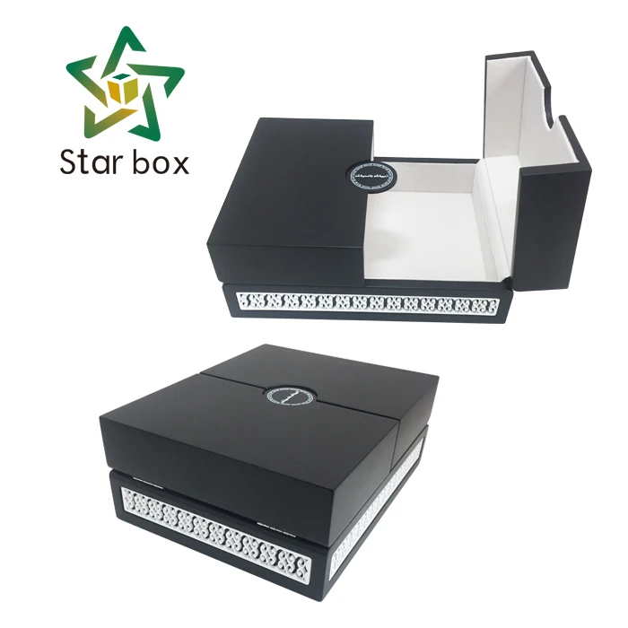 
Custom luxury black matt finish wooden gift packaging box with engaved pattern 
