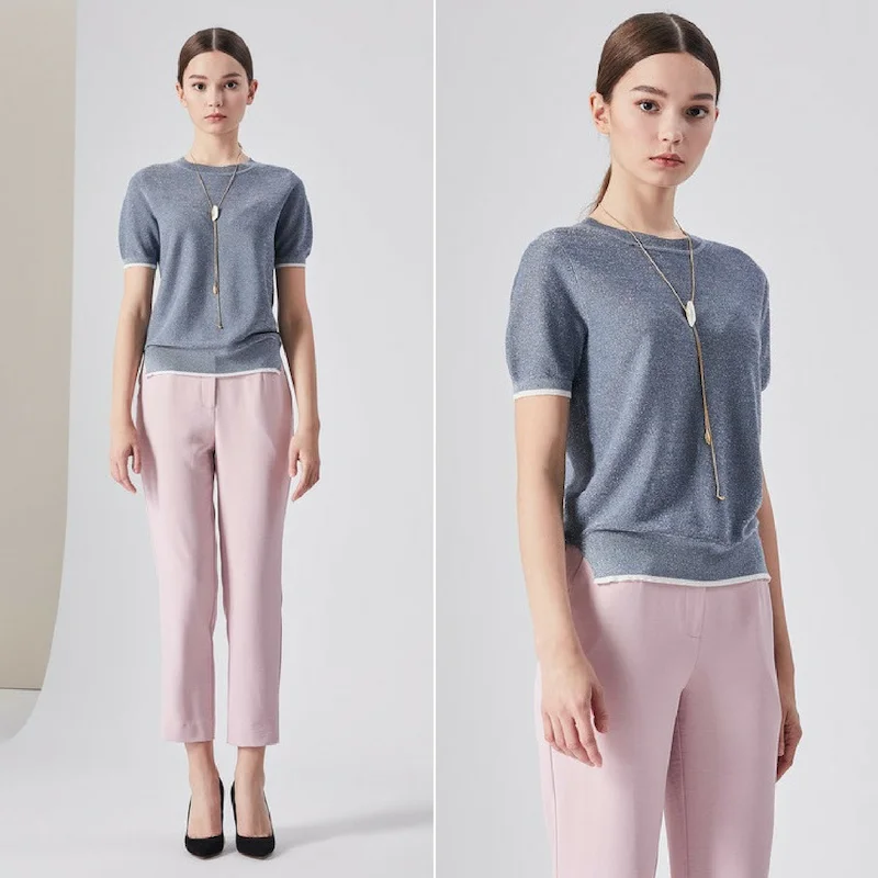 Spring Summer Custom Women Shaker Knit Design Short Sleeve Sweater