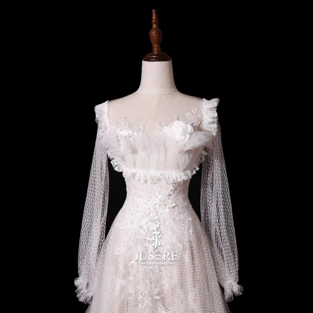 Lace up back bride dress Ivory wedding dress with sweep train A-Line long sleeves lace bride gown