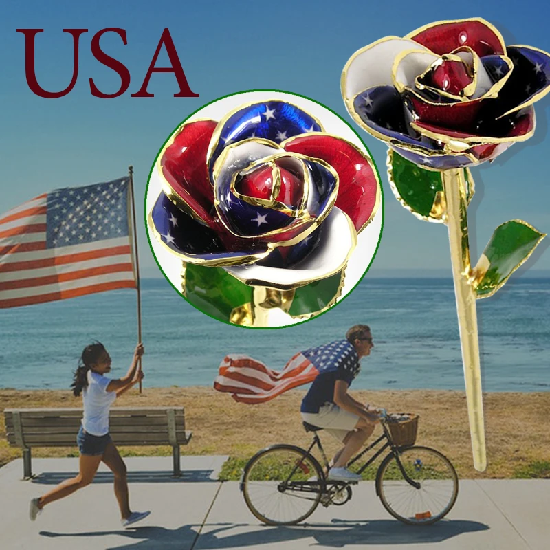 New Products Real Gold Rose Flower Plated  Everlasting American Flag 24K Gold Foil Rose With Crescent Base And Brown Gift Box