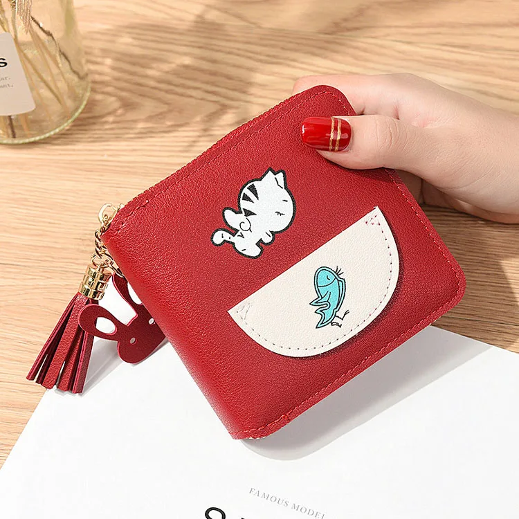 С принтом «кот ест рыбу» с бахромой; Новая кошелек длинными рукавами короткими Симпатичные портмоне для женщин обувь девочек-школьниц на молнии и квадратном мини
