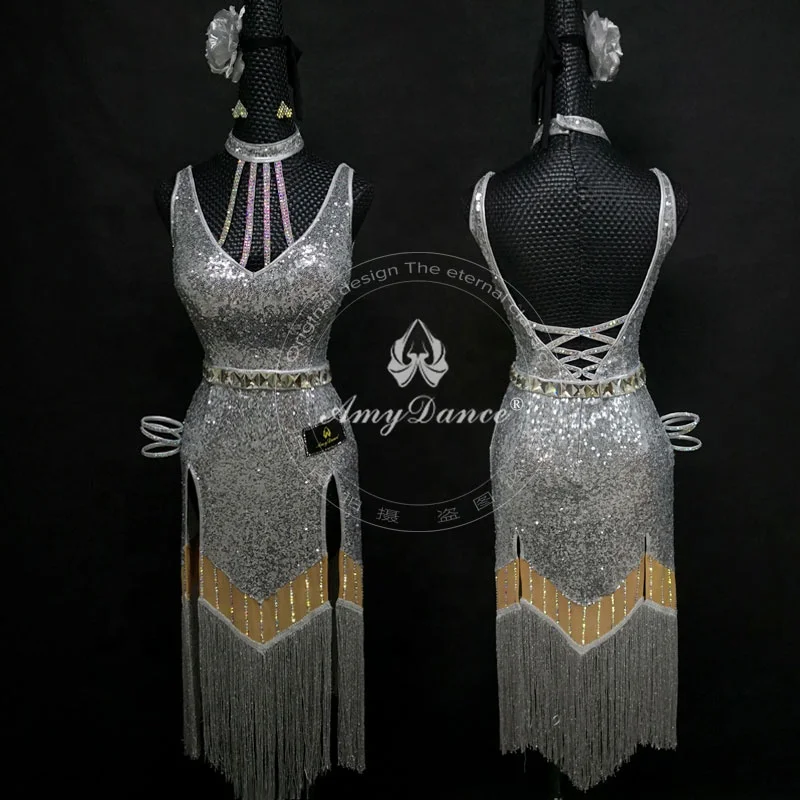 
Haute couture silver shining tassel latin dance dress latin dance costume 