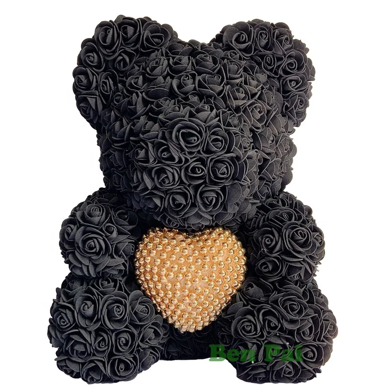 Valentine New Design 40cm Sitting Foam Rose Teddy Bear with Pearl Heart