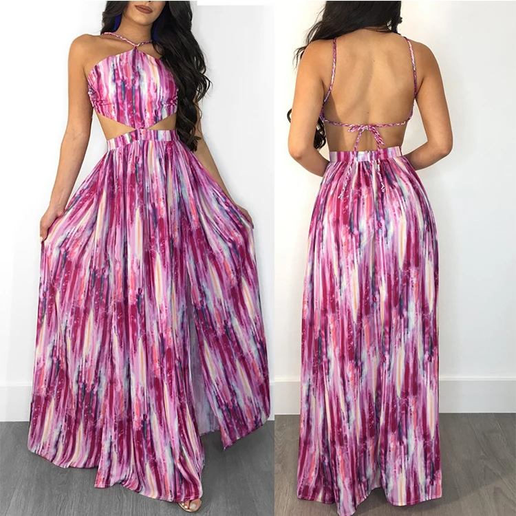 Hollow Out Waist Silk Dress Pattern Pictures Women Sexy Halter Backless Floral Long Maxi Summer Beach Dress