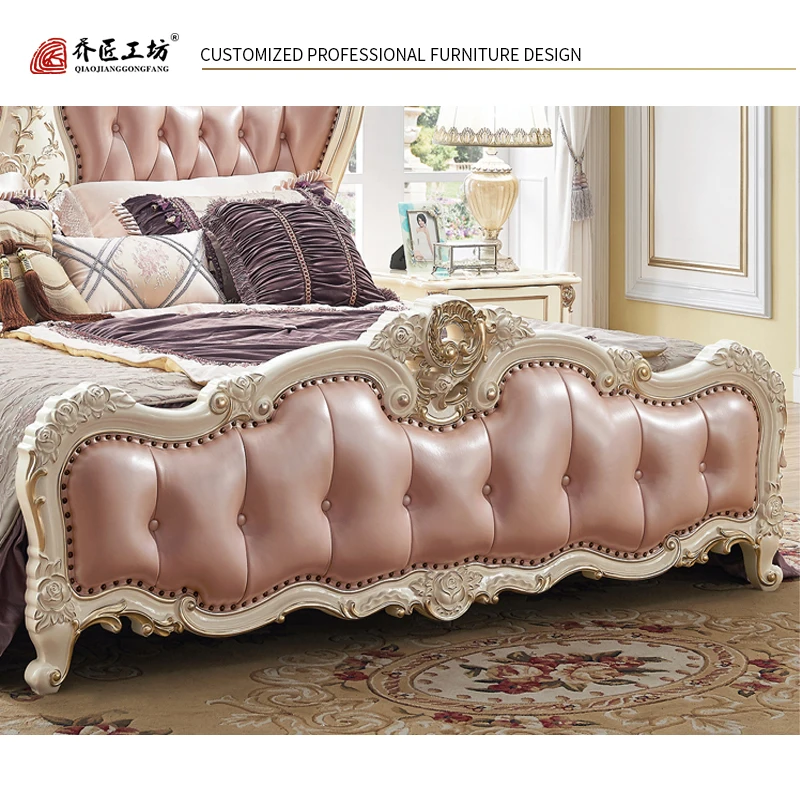 European furniture set bedroom bed solid wood carved upholstered bed