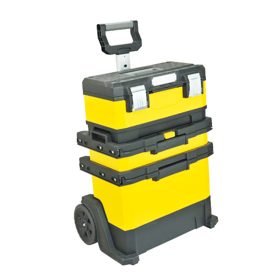 Stackable rolling toolbox plastic mobile tool box cart with wheels and telescopic comfort grip handle with wheels