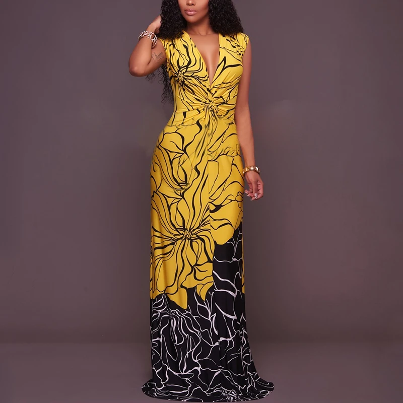 Summer woman sleeveless africa style printed long party dress