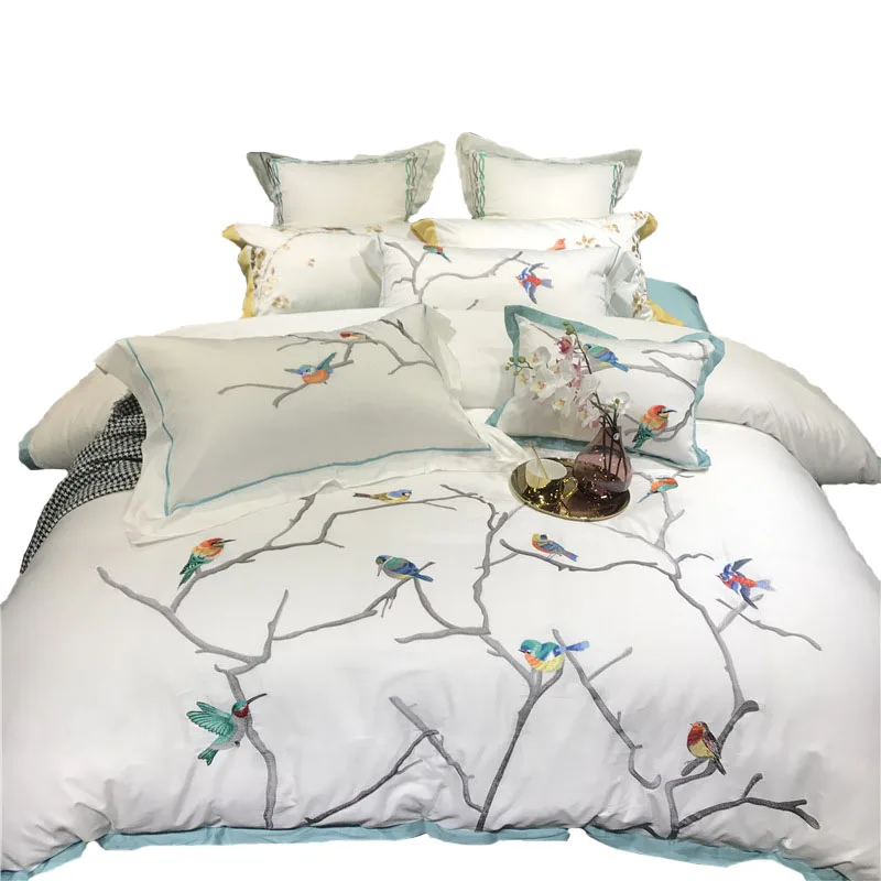 Bird embroidered bedding sheet sets 100% cotton