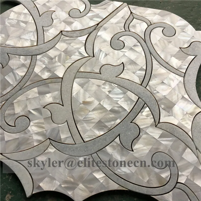 luxury mother pearl of shell and blue marble mixed waterjet mosaic tile