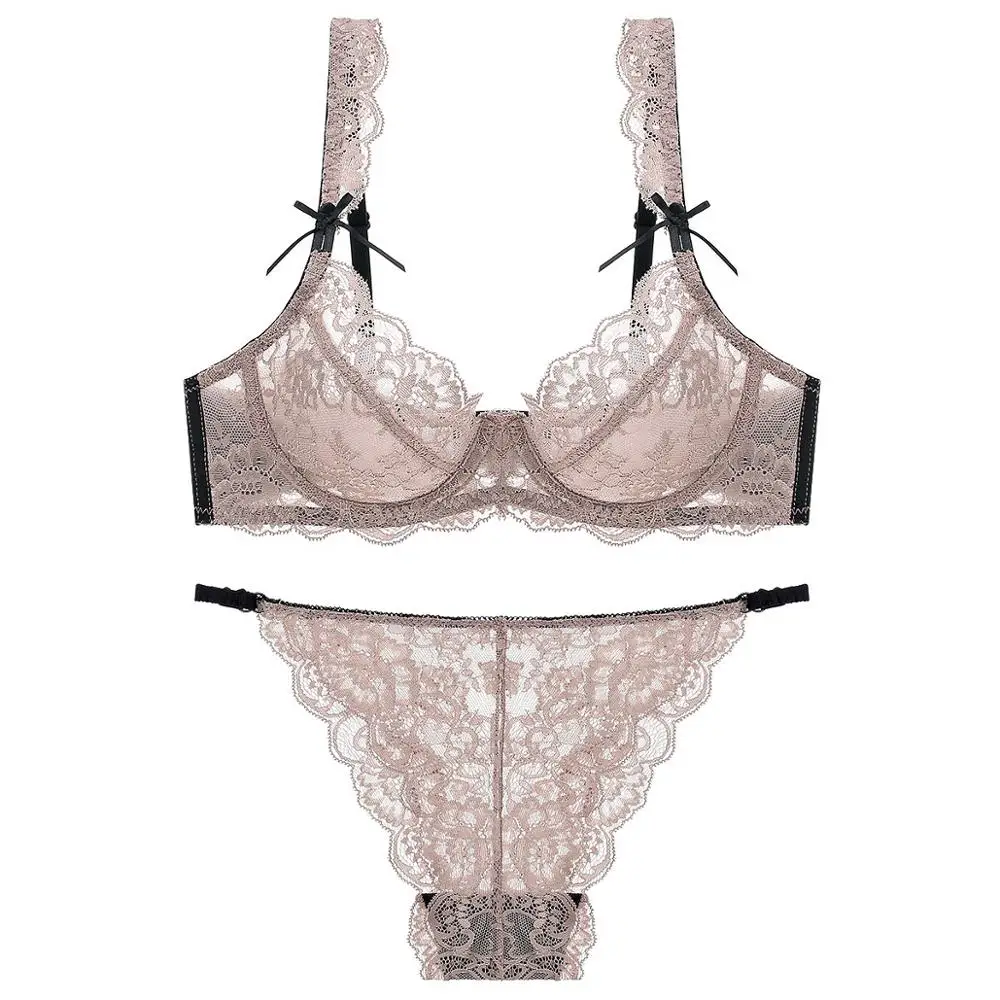 Lace Pattern Sexy Lingerie Ladies Silk Transparent Bra and Panty Set