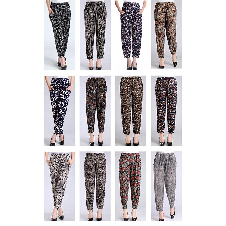 Women Casual Wear Printed Ice Silk Knickers Breathable Cooling Harem Pants