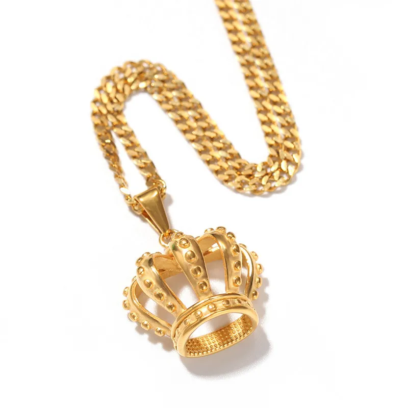 HipHop Stainless Steel Hollow Gold Plated Crown Pendant Necklace Chain for Men Women
