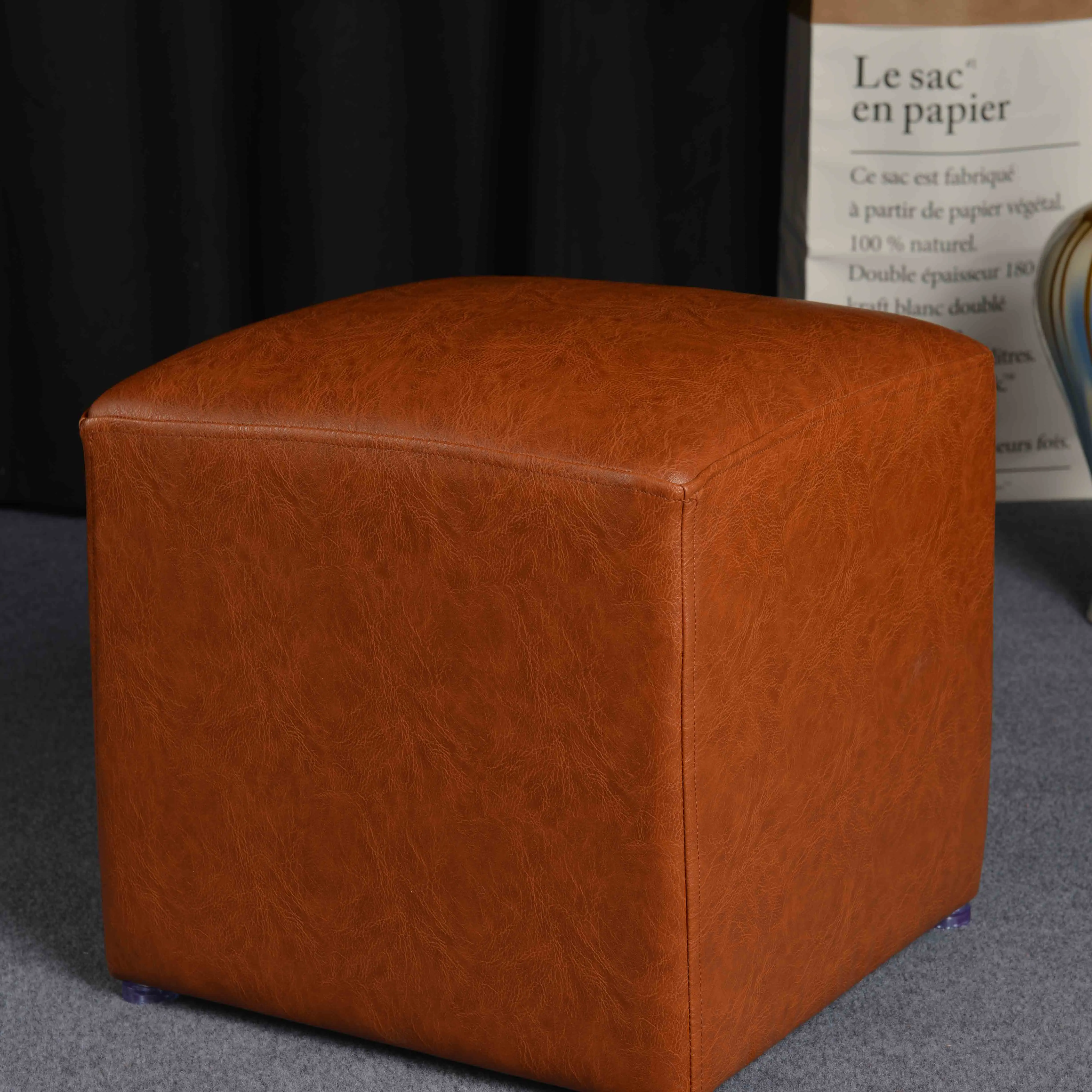 Square footstool living room pu cowhide leather stool ottoman pouf