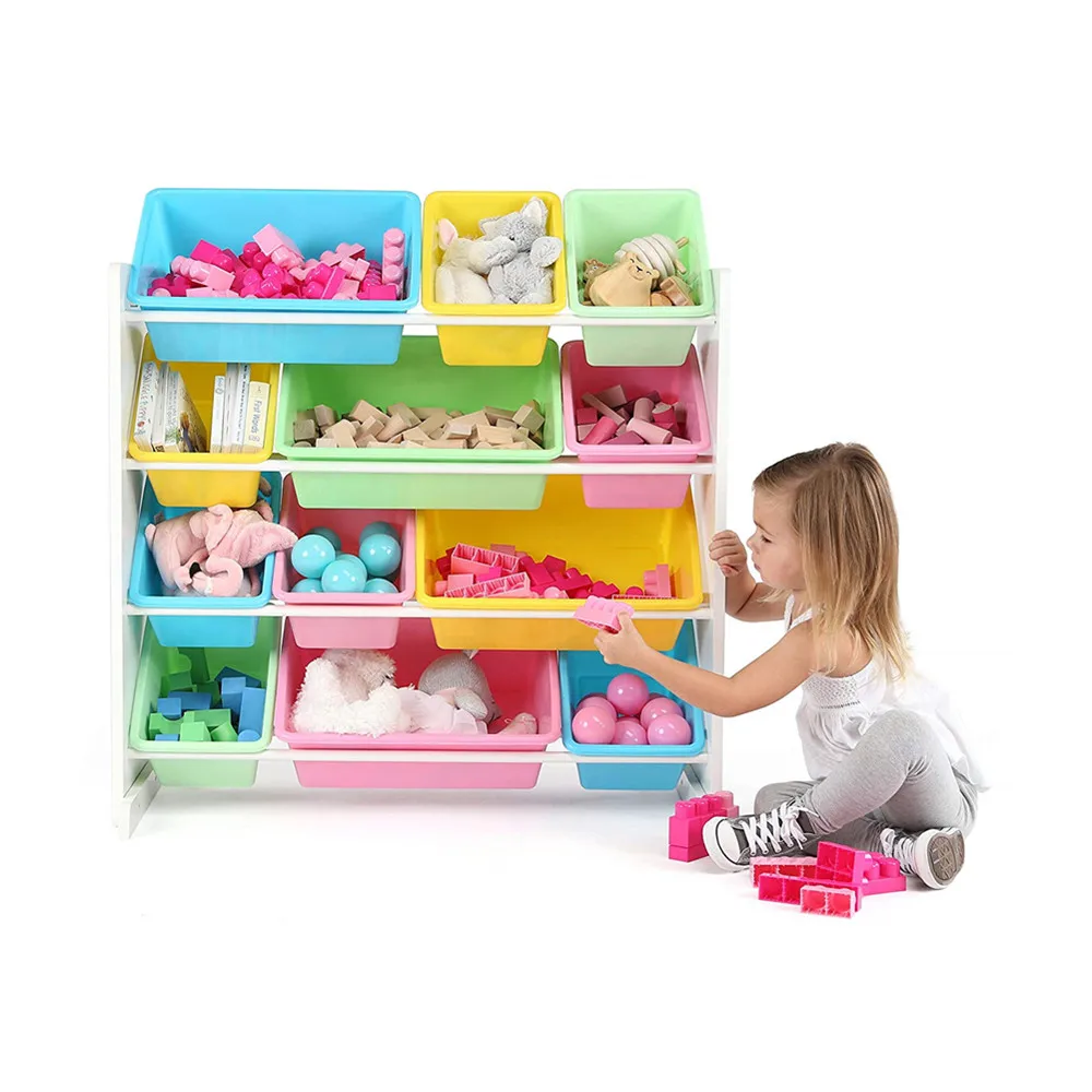 toy organizer with plastic bins for playroom White