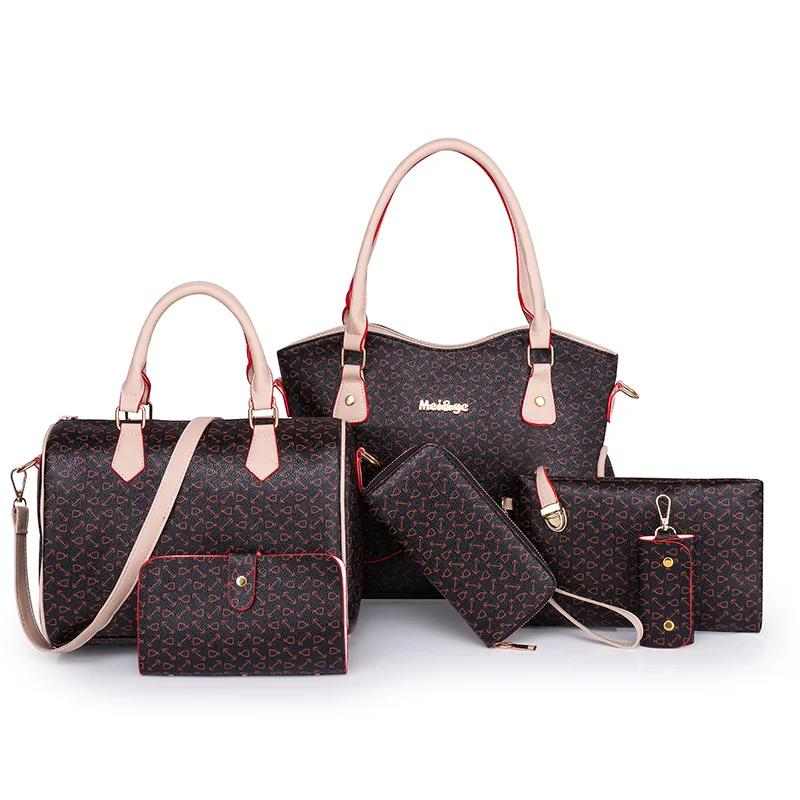 China Custom Printing Ladies Handbag Set 6pcs In 1 Metal Hardware Crosshatched Leather Women Bag Purse Handbag Manufacturing
