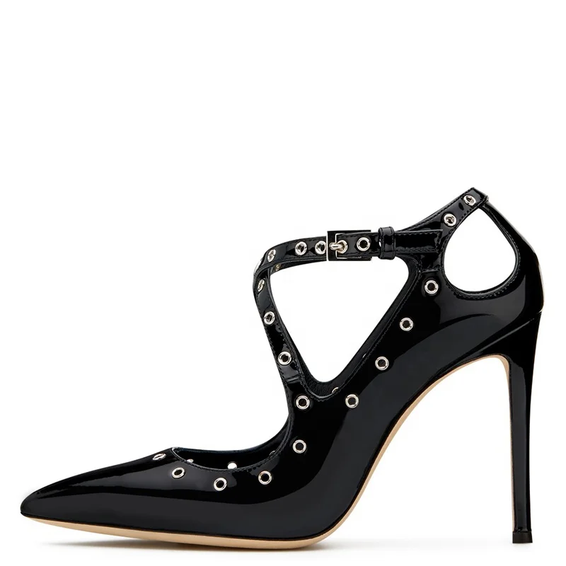 Trendy Pointed Toe High Heel Black Patent Pumps with Metal Loops