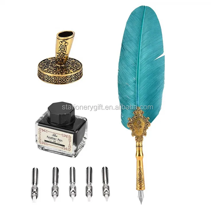Feather Pens with Base Retro Classical Fountain Pen Old European Style Feather Dip Creative Writing Pen Ink Bottle Set Gift Box