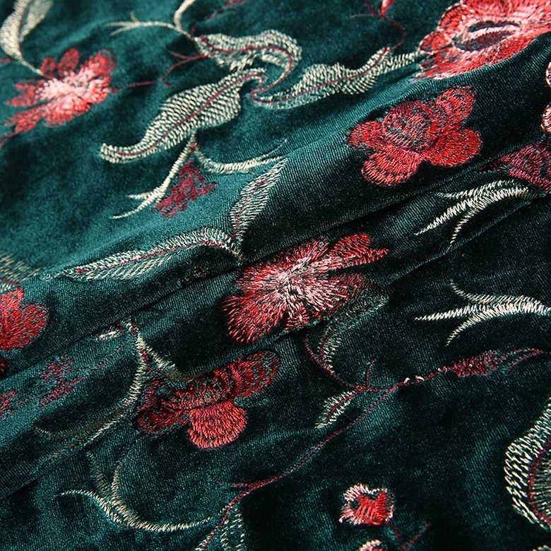 Custom design floral embroidered american green velvet fabric wholesale for clothes
