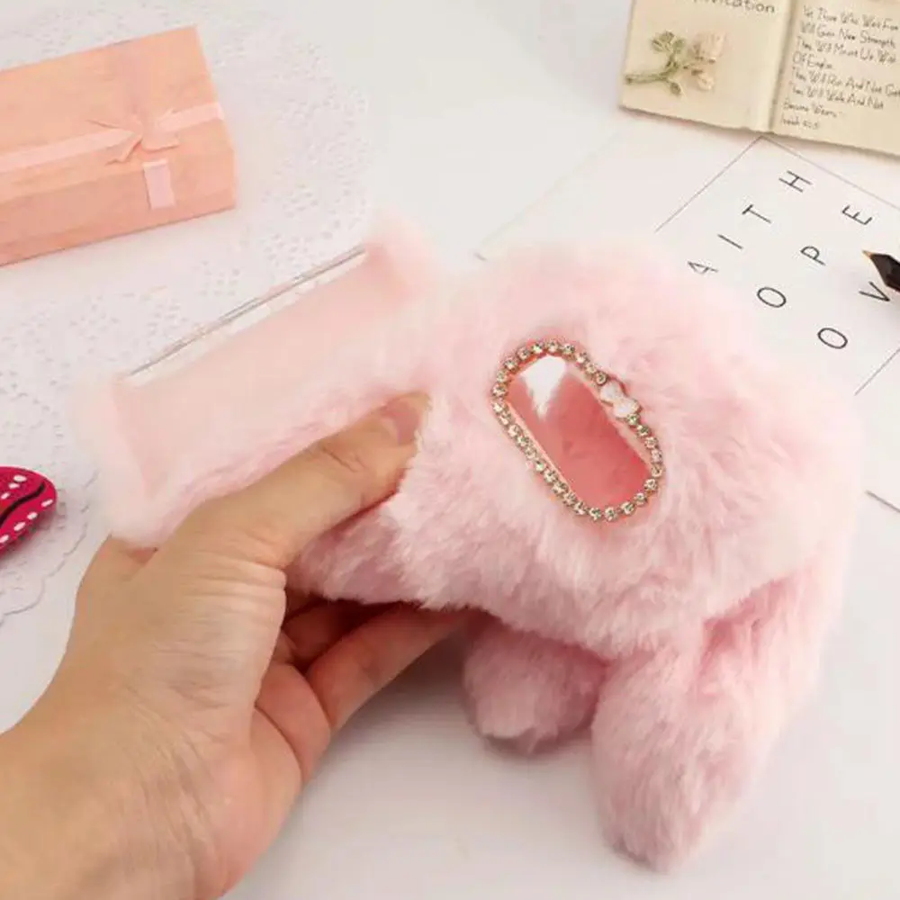 Winter Warm fluffy Bunny rabbit fur long ears tail sot tpu silicone Phone Cover case For iPhone 6s 7 8 Plus Xs 11 pro max xr