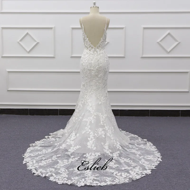 Eslieb 2019 Sexy Spaghetti Straps Trumpet ivory Wedding Dress Mermaid