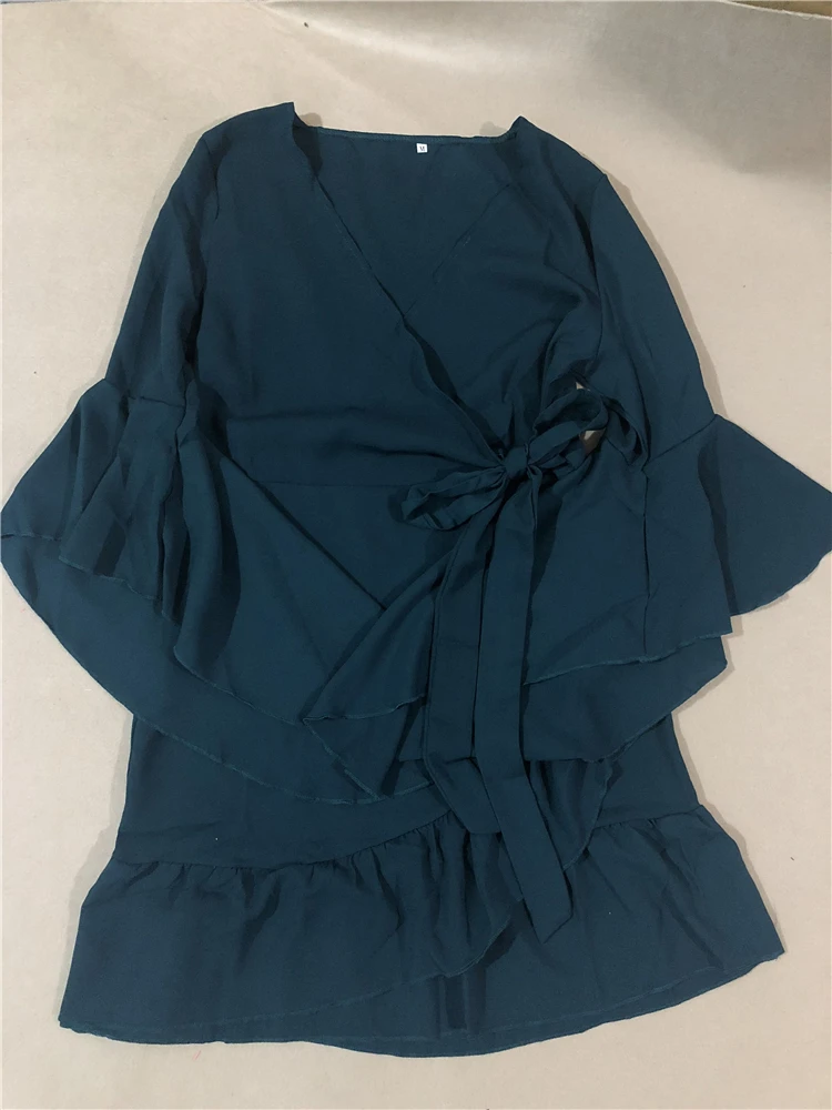 D2612 Custom Logo High Quality Women Ruffle Long Sleeve Casual Shirt Dress