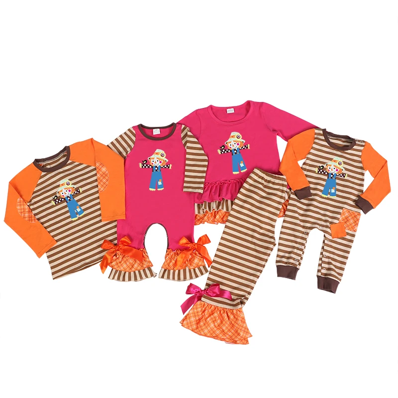 Scarecrow Applique Baby Clothes Set Wholesale  Milk Silk Cotton Patchwork Children Outfits Girls Boutique Clothing