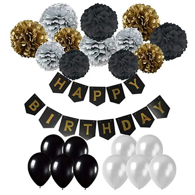 
Happy Birthday Flags Colorful Paper Pompom Balls Balloons Princess Birthday Party Kids Supplies Set 