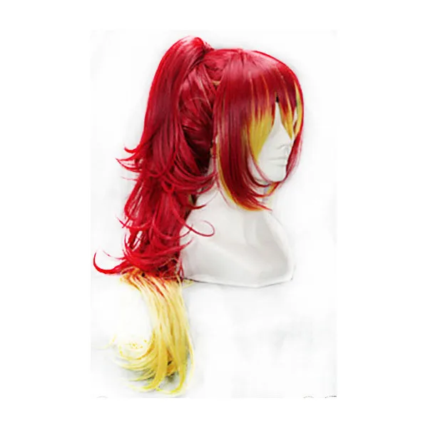 Красный градиент желтый косплей парик с хвостом