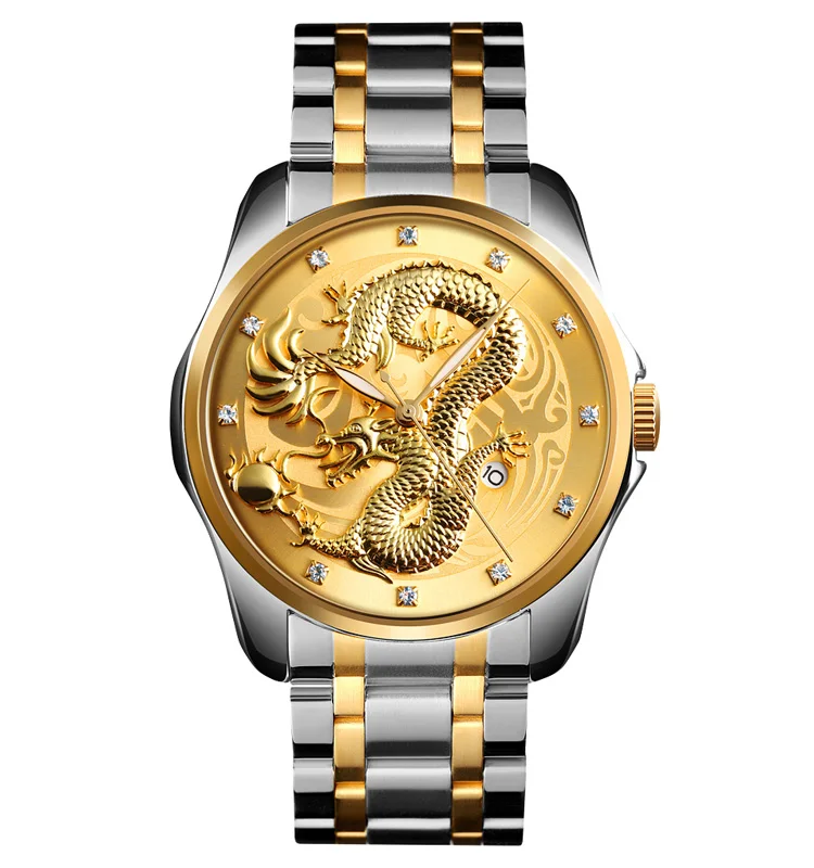 Часы SKMEI мужские Кварцевые водонепроницаемые, роскошные золотистые наручные, с рисунком дракона, нержавеющая сталь, 9193
