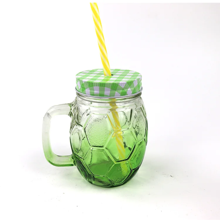 
500ml Football Shape Customization Colour Juice Glass Bottle With Screw Lid With Straw 