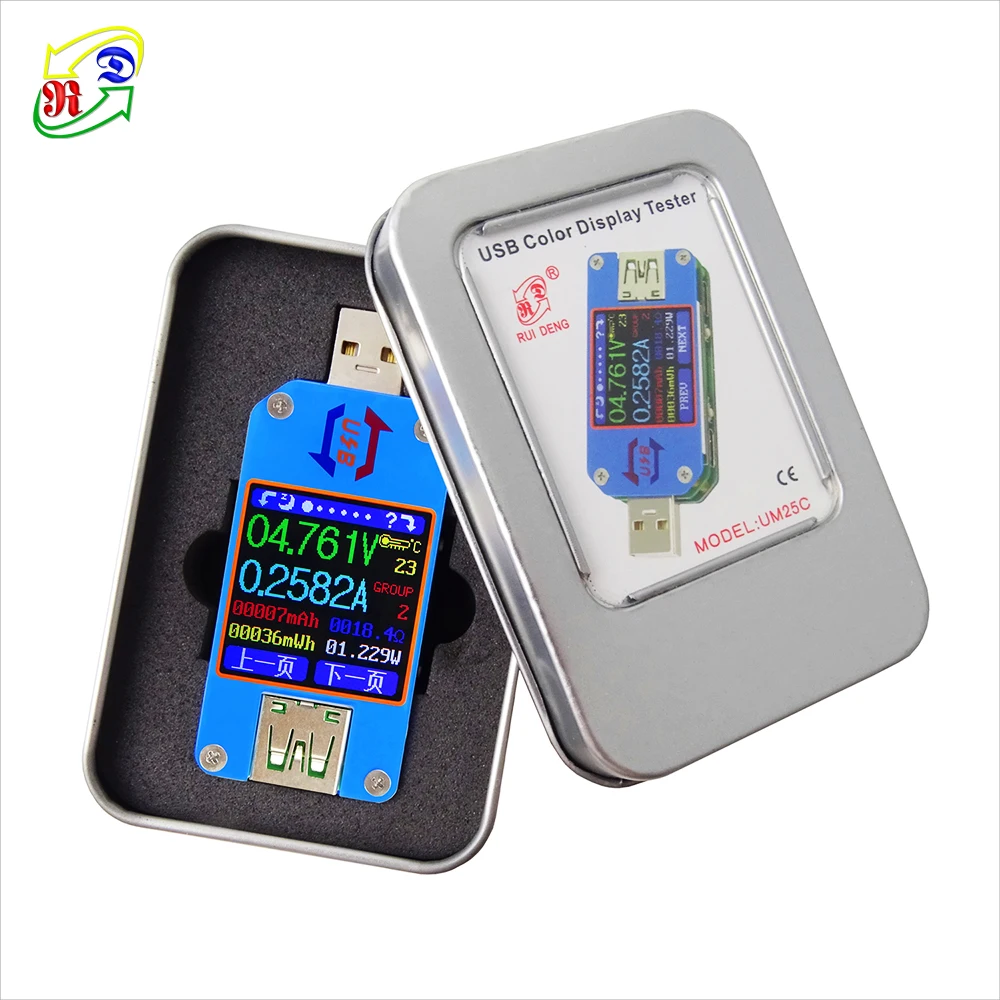 RD UM25  Type-C USB-A 2.0 Color Display Voltmeter ammeter cable resistance charger power bank USB voltage Current Tester