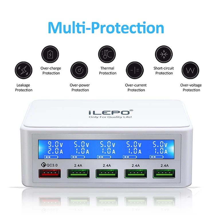 Зарядное устройство ilepo 818 USB 50 Вт QC 3,0, розетка питания с ЖК-дисплеем, 4 порта, Смарт Usb, быстрое зарядное устройство, настенный адаптер, зарядная станция, зарядное устройство USB