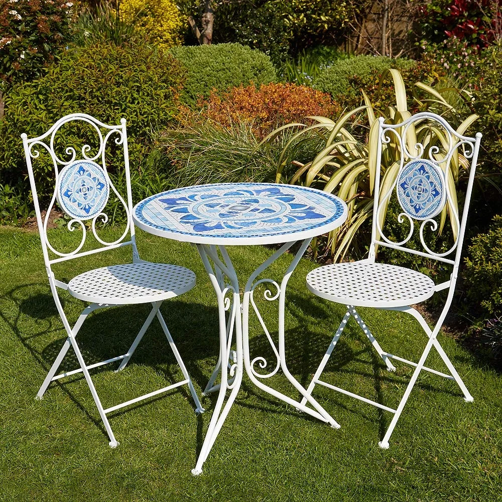 White Blue Mosaic Bistro Set Patio Garden Table and 2 Chairs