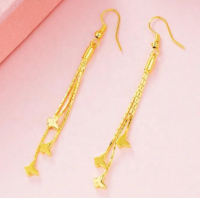 79 mm Long Fashion Clover Butterfly Charms Dangling Gold Tassel Jewelry Earrings
