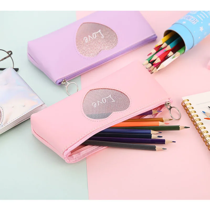 Рекламная Подарочная сумка из искусственной кожи с сердцем для девушек, вместительная косметичка, креативные школьные канцелярские принадлежности, пенал, лазерная ручка, сумка