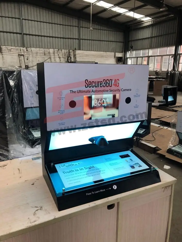 custom store advertising automotive security camera 360 acrylic counter top display stand with LCD