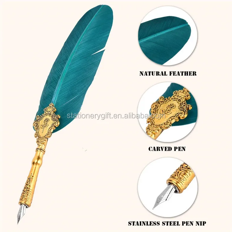 Feather Pens with Base Retro Classical Fountain Pen Old European Style Feather Dip Creative Writing Pen Ink Bottle Set Gift Box