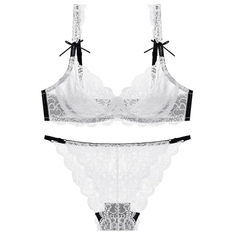 Lace Pattern Sexy Lingerie Ladies Silk Transparent Bra and Panty Set