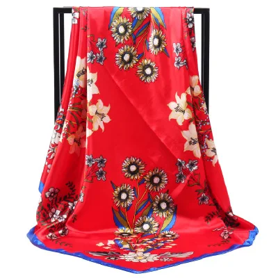 Newest 90*90cm Gerbera jamesonli Floral square large100% Polyester cheap satin scarf for women stylish