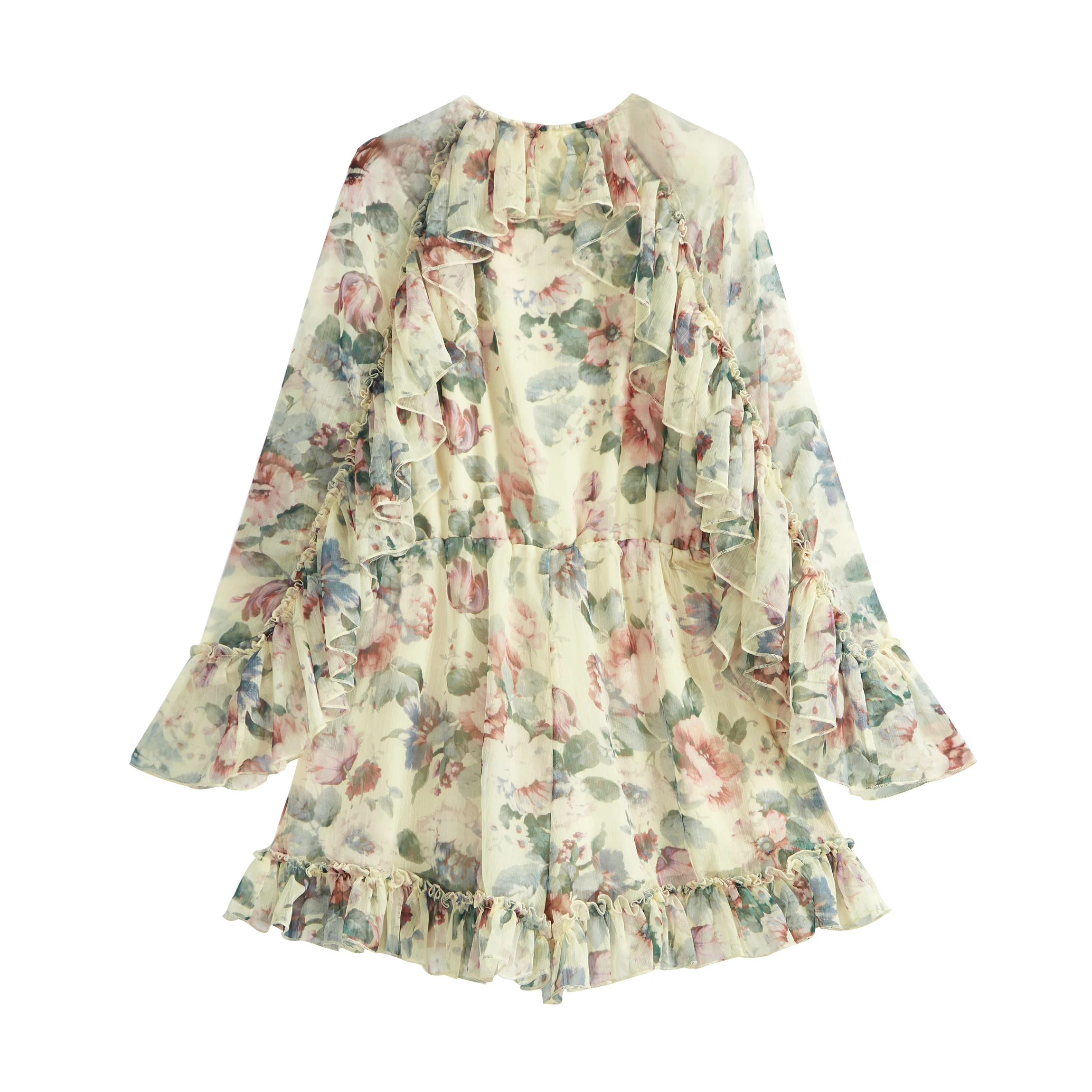 Summer One Piece Lace Floral Print V Neck Fall Womens Long Sleeve Lace-up Elegant Lady Jumpsuit