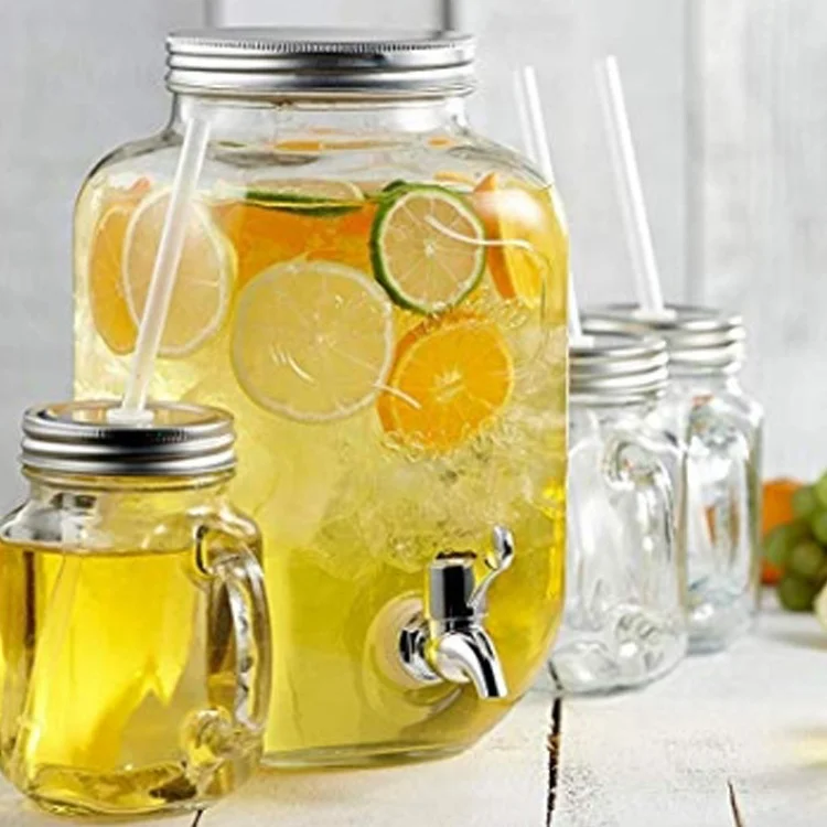 leak free vintage design 1gallon 4l empty clear mason glass jar drink dispenser with Spigot for beverages juice liquor wine