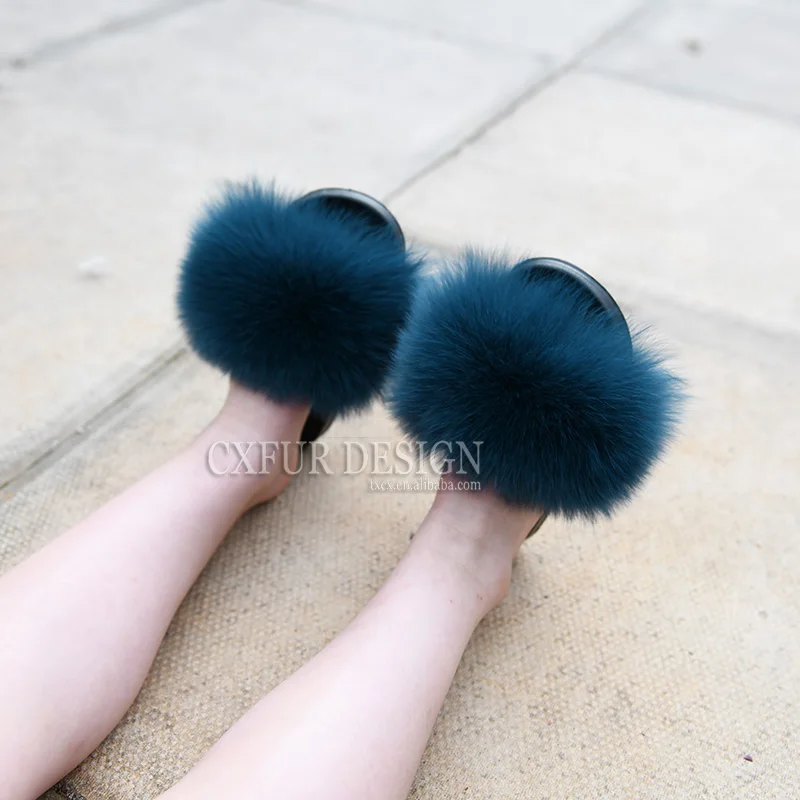 CX-A-66C Children Style Genuine Fox Fur Slipper Wholesale Kids Fur Slides