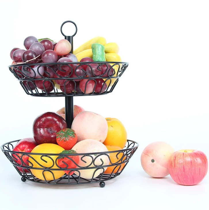 2-Tier XL Size Household Metal Hanging Fruit Bowl Stand Decorative Vegetable Basket with SUS Bowl for Kitchen Storage