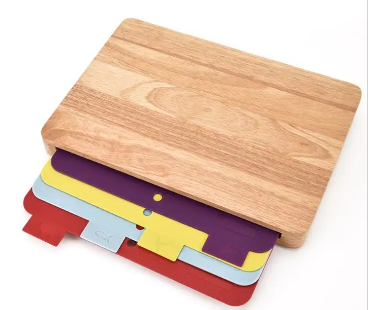 
Multi-functional large rubber wood cutting chopping board with removable plastic colour coded pp mats 