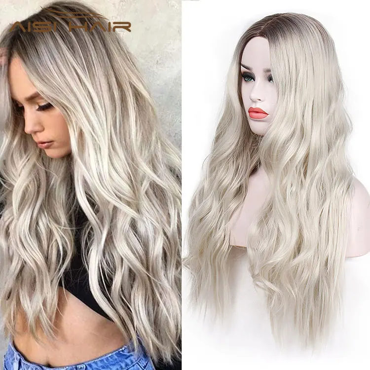 Aisi Hair Body Wave Long Wavy Hair Wigs Middle Part Dark Brown to Platinum Blonde Long Wigs Cosplay Wigs for Women
