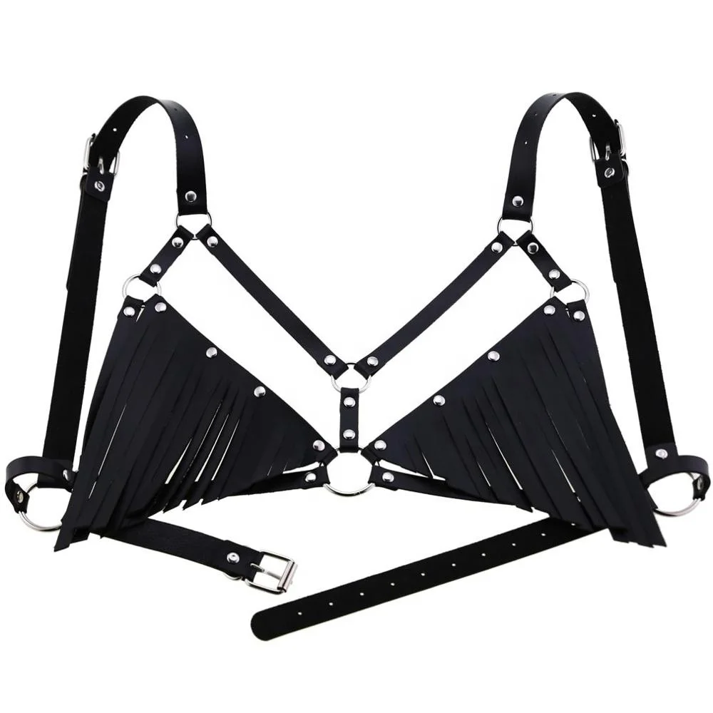 Sexy Womens Bikini Leather Harness Body Bra Punk Bondage Tassel Waist Belts