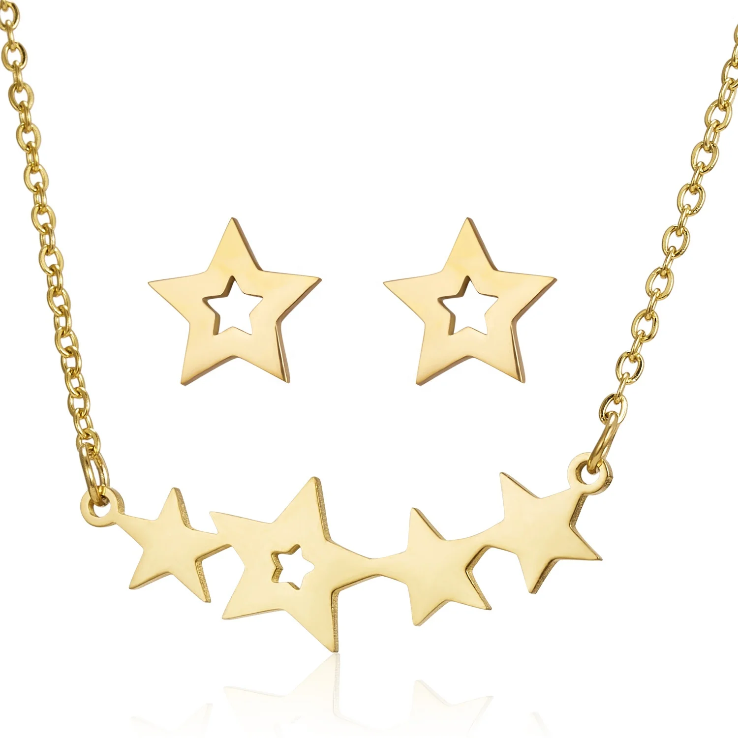 
Charm Gold Plated Stainless Steel Star Heart Cat Pendant Necklace Earrings Jewelry Set For Women 